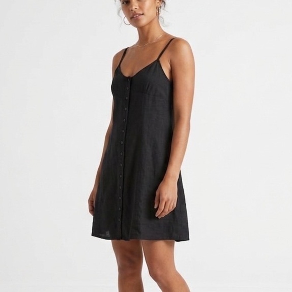 New York & Company Black Linen Blend Button Sun Dress Womens 6 Spaghetti Strap